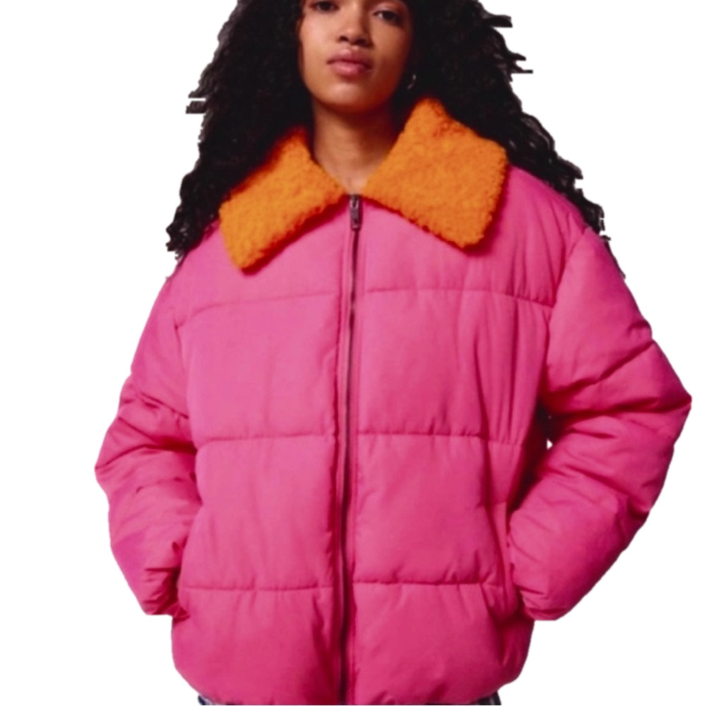 Urban Outfitters Duckie Pink Orange Small Jacket Puffer Faux Shearling Collar